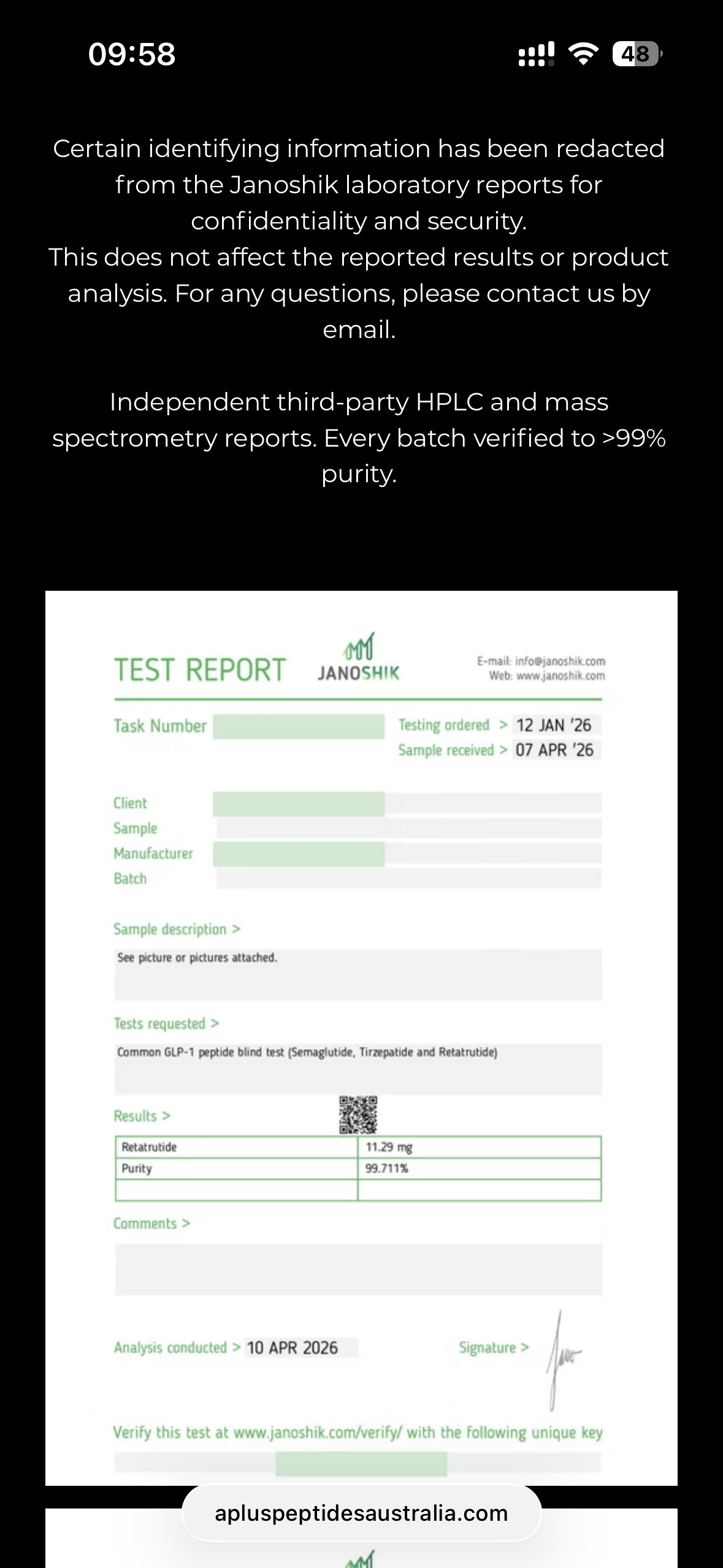 A Plus Peptides Australia report screenshot with the client, manufacturer, task number and unique key visibly redacted by the source; status unverified.