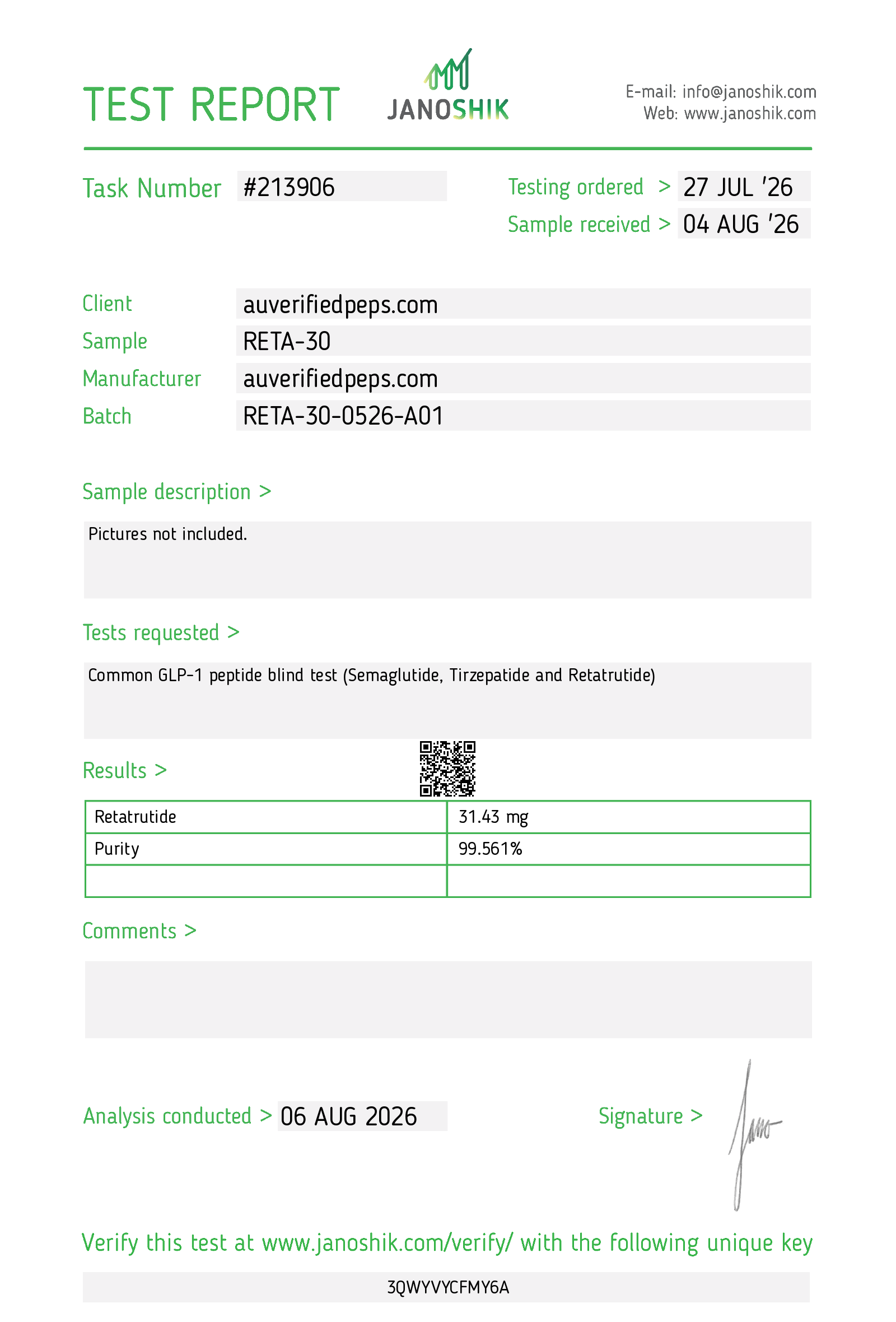 Supplied Test Report 213906 for auverifiedpeps.com, shown in full with its identifiers.